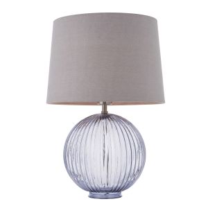 Jemma 1 Light E27 Smokey Grey Tinted Ribbed Sphere Glass Base With Satin Nickel Table Lamp C/W Mia 14" Charcoal 100% Linen Tapered Shade