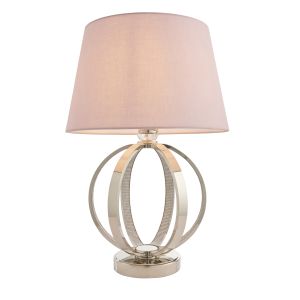 Ritz 1 Light E27 Bright Nickel With Clear Faceted Detail Table Lamp C/W Evie 14" Pink Cotton Tapered Shade