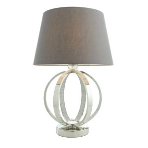 Ritz 1 Light E27 Bright Nickel With Clear Faceted Detail Table Lamp C/W Evie 14" Charcoal Cotton Tapered Shade
