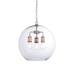 Hal 3 Light E27 Adjustable Pendant Glass Globe With Pewter & Copper Lamp Holders