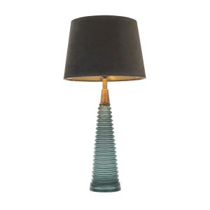Naia 1 Light E27 Teal Ribbed Glass Base With Polished Nickel Detail C/W Mocca Velvert Fabric Shade