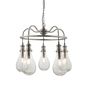 Hadassa 5 Light E14  Antique Nickel Plated Adjustable Pendant With Clear Pear Drop Glass Shades
