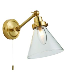 Faraday 1 Light G9 Satin Brass IP44 Bathroom Adjustable Head Wall Light With Pull Cord Switch C/W Clear Glass Shade