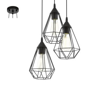 Tarbes 3 Light E27 Black Adjustable Pendant With Black Open Style Shades