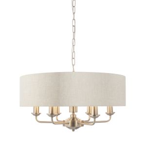 Highclere 6 Light E14 Brushed Chrome Ceiling Pendant C/W Natural 100% Linen Fabric Shade With Brushed Metallic Inner