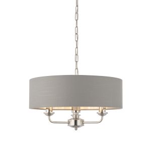 Highclere 3 Light E14 Bright Nickel Ceiling Pendant C/W Charcoal Linen Mix Fabric Shade With Brushed Metallic Inner