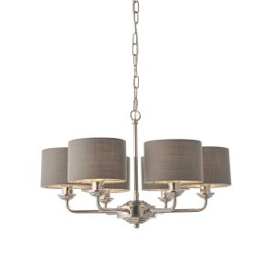Highclere 6 Arm Light E14 Bright Nickel Ceiling Pendant C/W Charcoal Linen Mix Fabric Shade With Brushed Metallic Inner