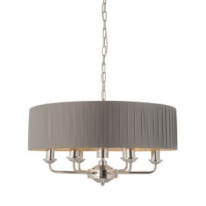 Highclere 6 Light E14 Bright Nickel Ceiling Pendant C/W Wrapped Charcoal Fabric Shade