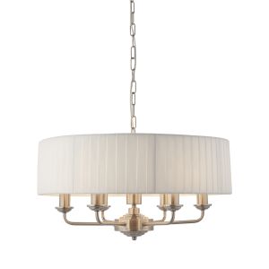 Highclere 6 Light E14 Bright Nickel Ceiling Pendant C/W Wrapped Vintage White Fabric Shade