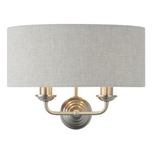 Highclere 2 Light E14 Brushed Chrome Wall Light C/W Natural 100% Linen Fabric Shade With Brushed Metallic Inner