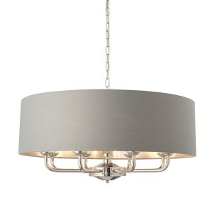 Highclere 8 Light E14 Bright Nickel Ceiling Pendant C/W Charcoal Linen Mix Fabric Shade With Brushed Metallic Inner