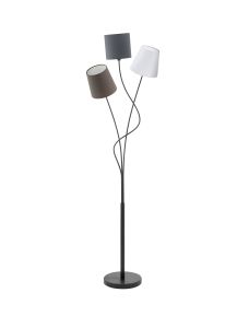 Maronda 3 Light E14 Black Floor Lamp With Anthracite, White & Brown Fabric Shades With Inline Foot Switch