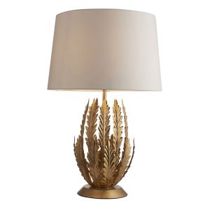 Delphine 1 Light E27 Gold Leaf Table Lamp With Floral Leaves & With Inline Switch C/W Ivory Cotton Fabric Shade