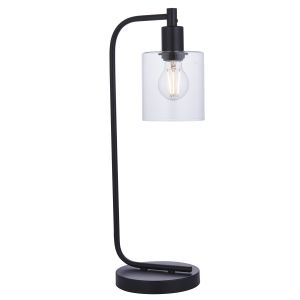 Heim 1 Light E27 Matt Black Painted Metalwork Table Lamp With Clear Glass Shade With Inline Switch