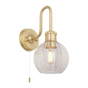 Vivaldi 1 Light E27 Satin Brass IP44 Bathroom Wall Light With Pull Cord Switch C/W Clear Ribbed Glass Shade