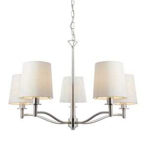 Ortona 5 Light E14 Bright Nickel Adjustable Pendant C/W White Faux Silk Shades