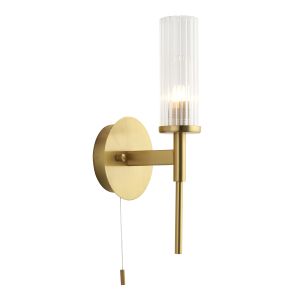 Talo 1 Light G9 Satin Brass IP44 Bathroom Wall Light With Pull Cord C/W Clear Ribbed Cylindrical Glass Shade