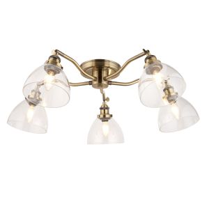 Hansen 5 Light E14 Antique Brass Semi Flush Adjustable Fitting With Clear Glass Shades