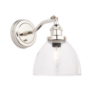 Sandro 1 Light E14 Bright Nickel Adjustable Head Wall Light With Toggle Switch C/W Clear Glass Shade