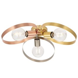 Hoop 3 Light E27 Mixed With Brushed Brass, Brushed Copper & Brushed Nickel Semi-Flush Ceiling Fitting