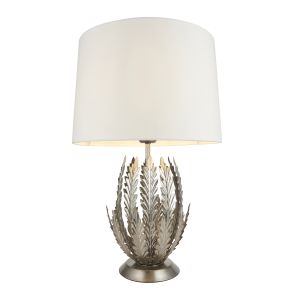 Delphine 1 Light E27 Silver Leaf Table Lamp With Brontel Leaves & With Inline Switch C/W Ivory Cotton Fabric Shade