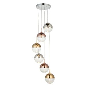 Paloma 6 Light G9 Polished Chrome Adjustable Cluster Pendant With Spherical Brass, Chrome, Gold & Clear Ribbed Glass Shades