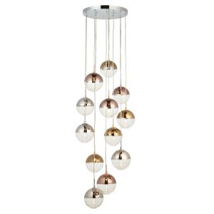Paloma 12 Light G9 Polished Chrome Adjustable Cluster Pendant With Spherical Brass, Chrome, Gold & Clear Ribbed Glass Shades
