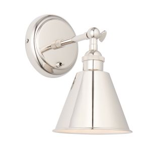 Rumi 1 Light E14 Bright Nickel Adjustable Arm & Head Wall Light With Toggle Switch & Satin White Painted Inner Shade
