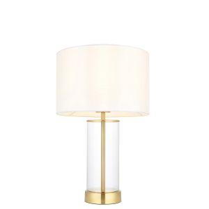 Lessina 1 Light E27 Satin Brass Table Lamp With Clear Cylindrical Glass Base With Inline Switch C/W Vintage White Fabric Drum Shade