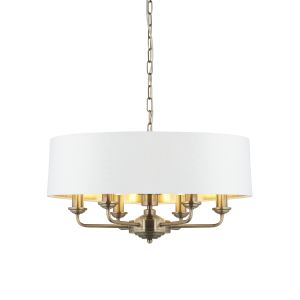 Highclere 6 Light E14 Antique Brass Ceiling Pendant C/W Vintage White Fabric Shade With Gold Metallic Inner