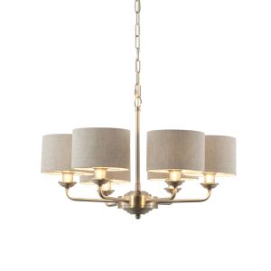 Highclere 6 Arm Light E14 Brushed Chrome Ceiling Pendant C/W Natural 100% Linen Fabric Shade With Brushed Metallic Inner