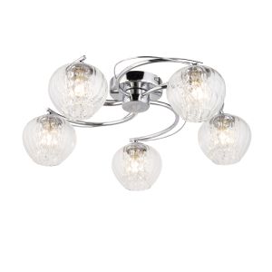 Mesmer 5 Light G9 Polished Chrome Flush Ceiling Fitting With Clear Ribbed Glass With Clear Faceted Glass Drops
