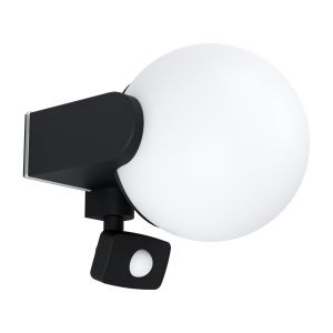 Rubio 1 Light Outdoor E27 IP44 PIR Sensor Black Wall Light With Plastic White Diffuser