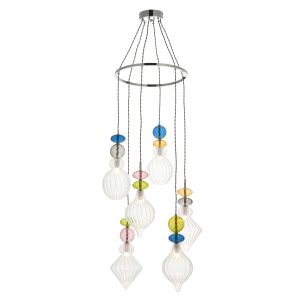 Aprli 6 Light G9 Polished Chrome Adjustable Pendant With Multi Coloured Decorative Glass Details