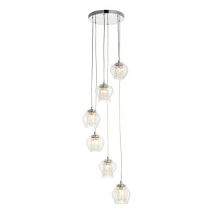 Mesmer 6 Light G9 Polished Chrome Adjustable Cluster Pendant Fitting With Clear Ribbed Glass With Clear Faceted Glass Drops