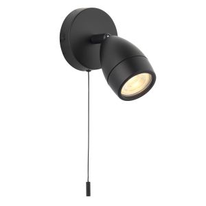 Porto 1 Light GU10 Matt Black Adjustable IP44 Bathroom Wall Spotlight With Pull Cord Switch