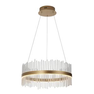 Esano 41W, 3000K Integrated LED 1800lm Brushed Gold Adjustable Round Pendant With Twisted Clear Glass Rods