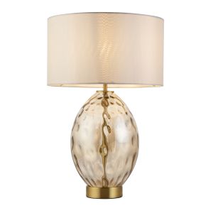 Berk 1 Light E27 Satin Brass & Champagne Lustre Dimple Patterned Glass Table Lamp With 3 Stage Touch Dimmer Switch C/W Vintage White Fabric Drum Shade
