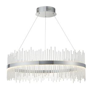 Esano 56W, 3000K Integrated LED 2750lm Chrome Adjustable Round Pendant With Twisted Clear Glass Rods