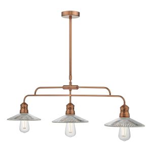 Adeline 3 Light E27 Brushed Copper Linear Pendant Bar Light C/W Pressed Clear Glass Shades