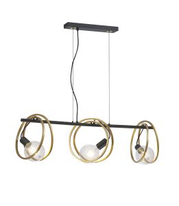 Adler Double Ring Linear Pendant, 3 Light E27, Matt Black / Painted Gold, G95/120 Lamp Recommended