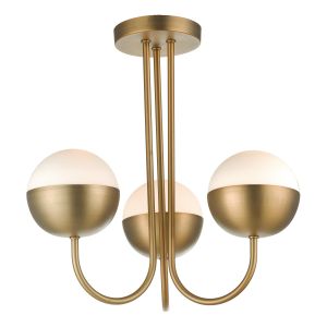 Andrea 3 Light E14 Aged Brass Semi Flush Ceiling Light With Opal Glass Shade