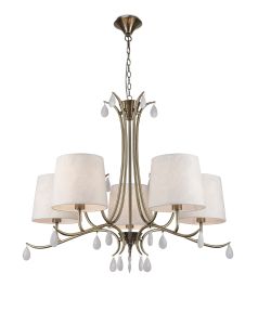 Andrea Pendant 81.5cm Round, 5 x E14 (Max 20W), Antique Brass, White Shades, White Crystal Droplets