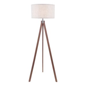 Armitage 1 Light E27 Dark Wood Tripod Floor Lamp With Inline Switch C/W Natural Linen 45cm Drum Shade