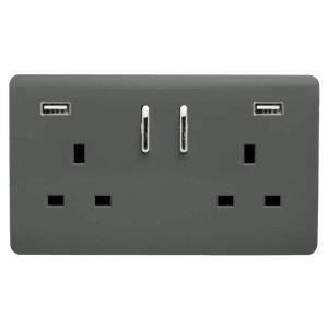 Trendi, Artistic 2 Gang 13Amp Short S/W Double Socket With 2x2.1Mah USB Charcoal Finish, BRITISH MADE, (35mm Back Box Required), 5yrs Warranty