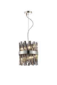 Asner Pendant Round 25cm 6 Light G9, Polished Nickel / Smoke Sculpted Glass