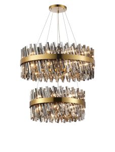 Asner 2 Tier 60cm + 80cm Pendant, 18 + 24 Light G9, Brass/Smoke Item Weight: 41kg