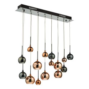 Aurelisbon 15 Light G4 Polished Black Chrome Adjustable Linear Bar Pendant With Copper, Dark Copper & Bronze Glass Shades