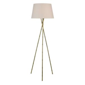 Bamboo 1 Light E27 Antique Brass Tripod Floor Lamp With Inline Foot Switch C/W Puscan Ccrain Cotton Tapered 45cm Drum Shade