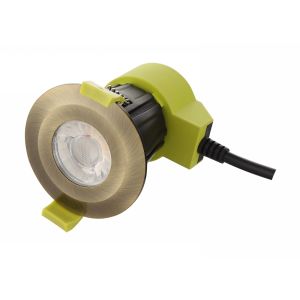 Bazi, 10W, 350mA, Antique Brass, Dimmable LED Fire Rated Downlight, Cut Out: 70mm, 840lm, 38° Deg, 5000K, IP65, DRIVER INC., 5yrs Warranty